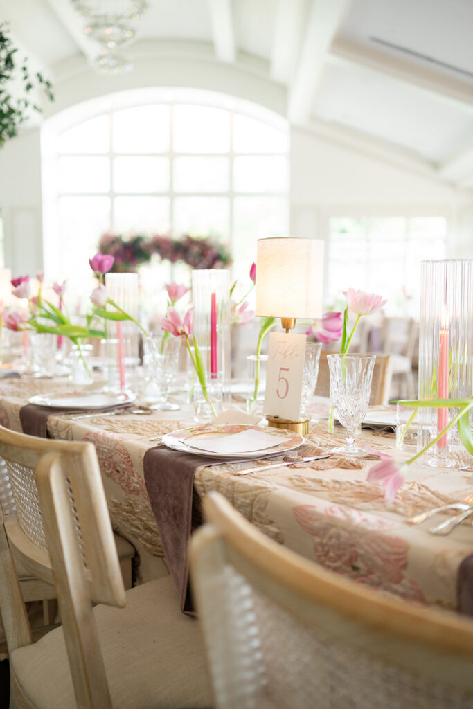 Donovan Manor indoor wedding reception with pink florals 