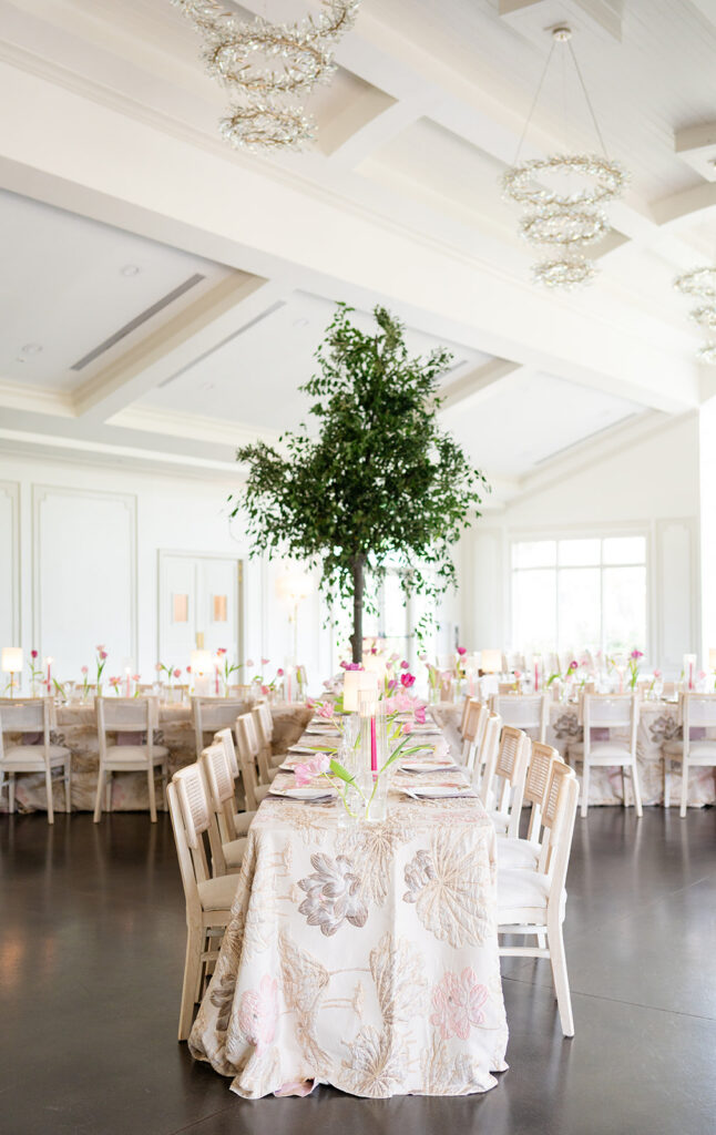 Donovan Manor indoor wedding reception with pink florals 